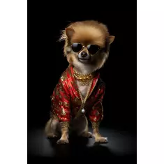 digitaler download: kleiner hund mit sonnenbrille & goldketten in roter jacke online kaufen bei ronny kühn